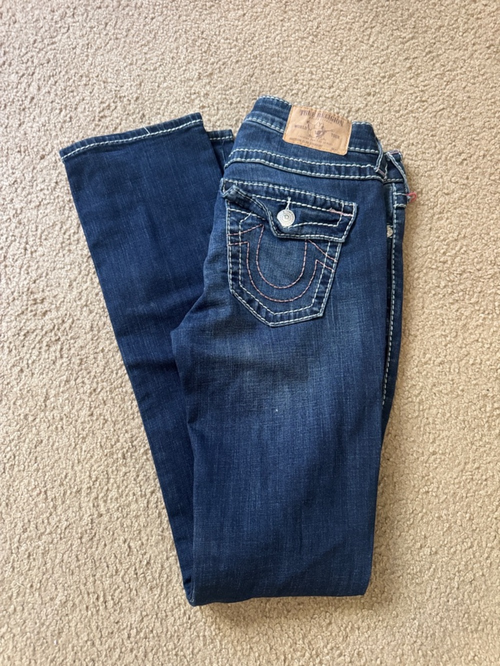 True Religion Women’s Dark Blue Slim Straight Leg Jeans with Signature Pocket